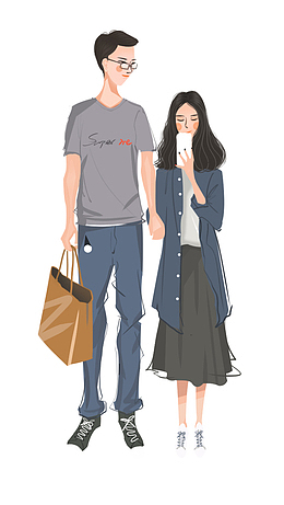 手绘可爱时尚装束情侣插画