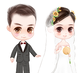 手绘卡通情侣婚纱照插画