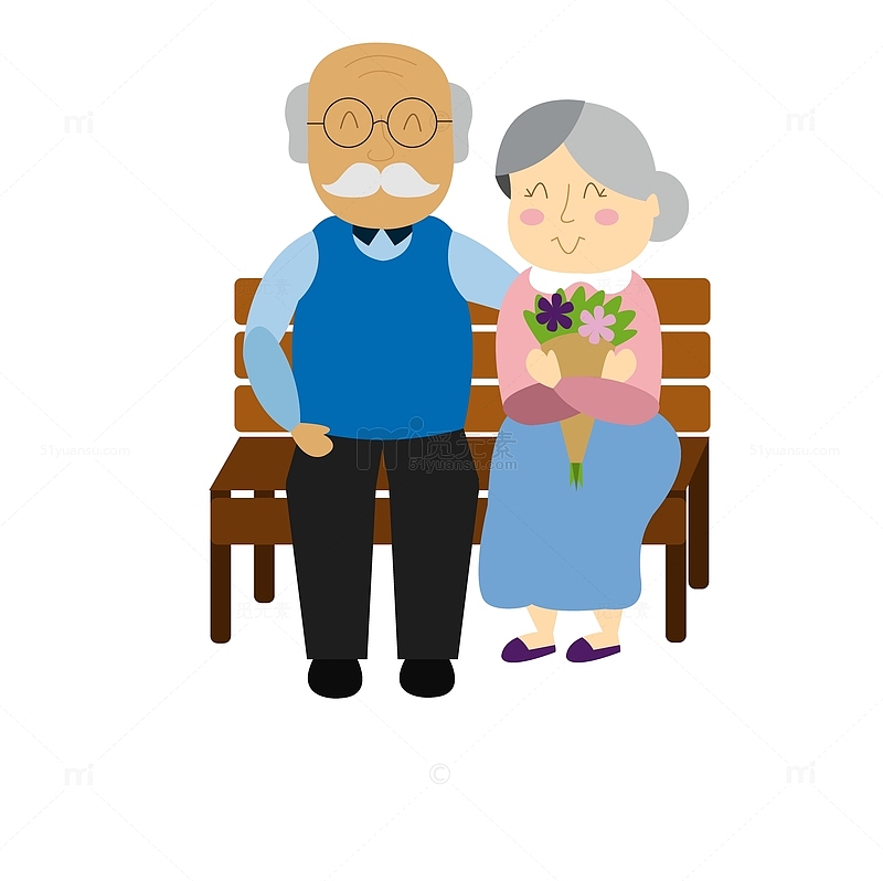 手绘卡通老人老年夫妻在公园长椅