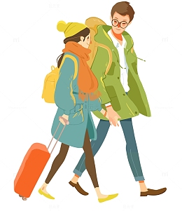 冬季的情侣手拉手拖着行李箱