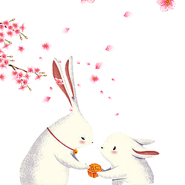 中秋节樱花下两只兔子吃月饼