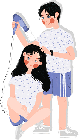 唯美给女朋友吹头发场景人物插画