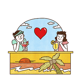 手绘海滩情侣漫画