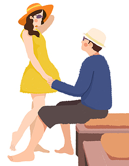 手绘人物插图夏日度假的情侣