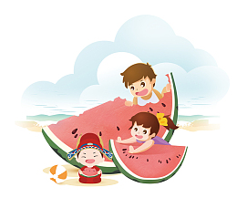 小清新夏季吃西瓜的小朋友