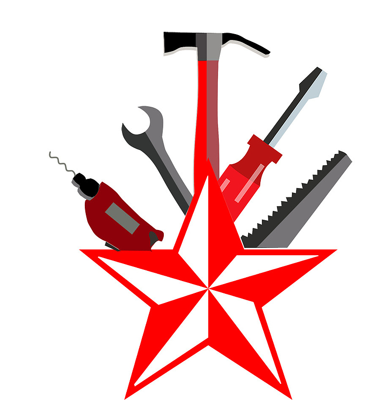 五一劳动节劳动工具与五角星插图