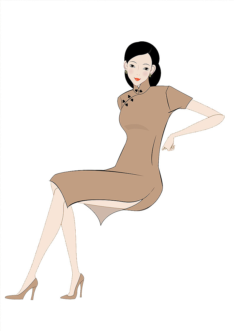 手绘人物插图穿短款旗袍的美女