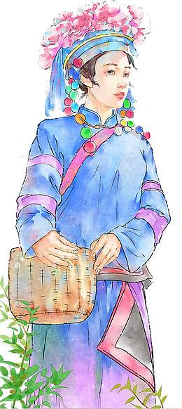 手绘民族女人托着小背篓