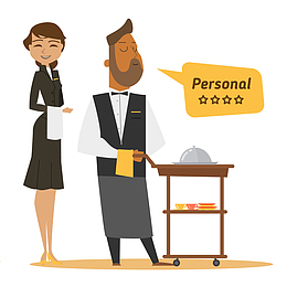 矢量手绘餐厅服务生推餐车