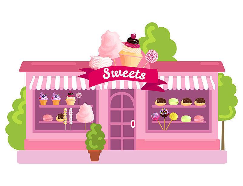 手绘卡通粉色甜品店面