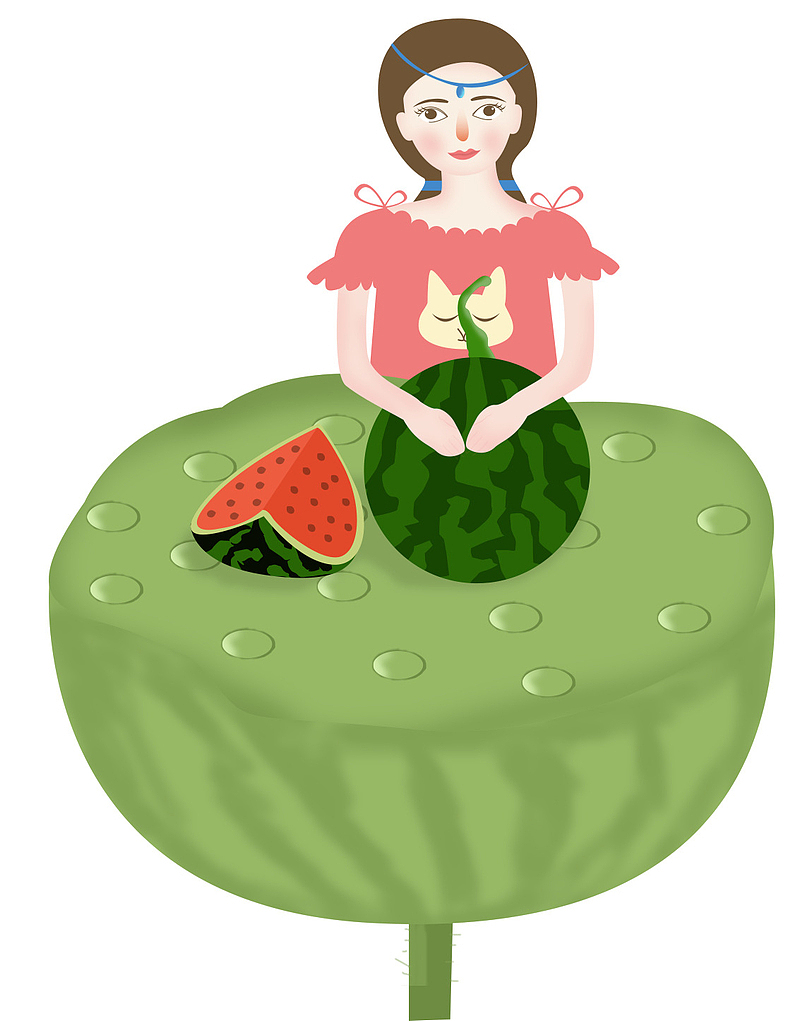 二十四节气夏至夏天小女孩吃西瓜