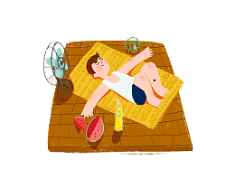 创意夏季吃西瓜乘凉插画设计