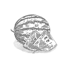 黑色素描西瓜和西瓜片