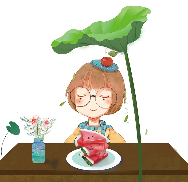 夏季小清新卡通吃西瓜的小女孩