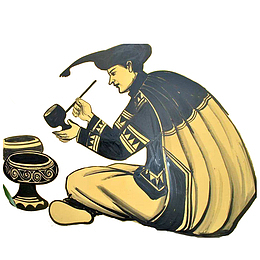 手绘彝族男人制作漆器插画免抠