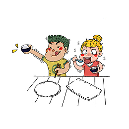 卡通老实大口吃饭的小朋友素材