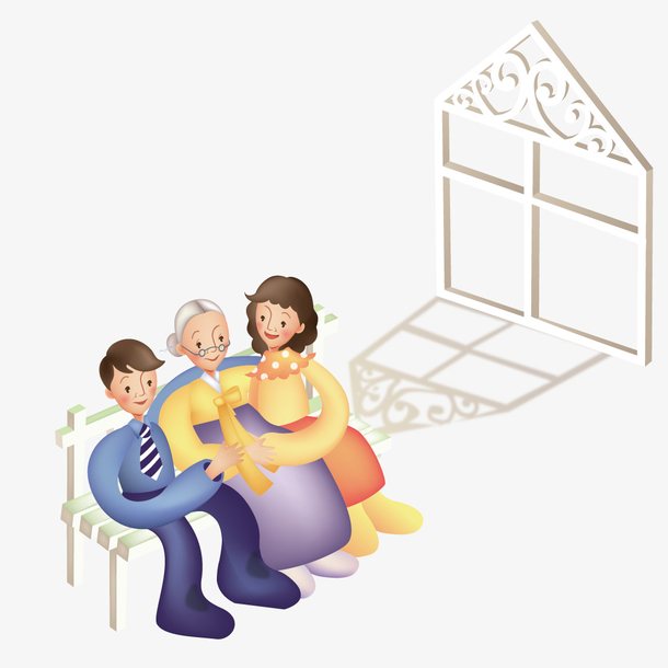 坐在凳子上陪老人聊天的儿女