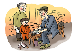 漫画插画奶奶带着孩子磨刀