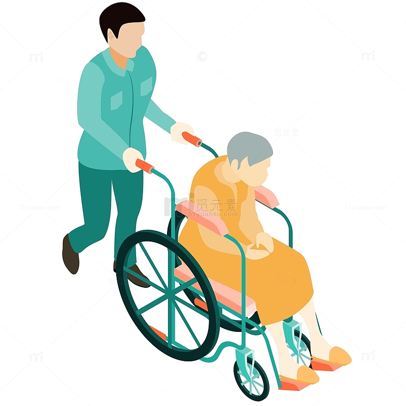 护工推着坐轮椅的老人插画