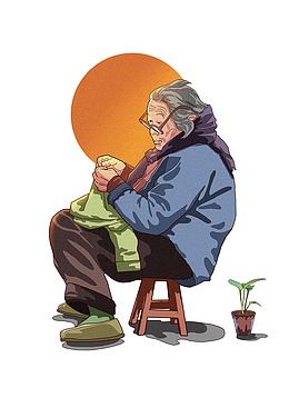 卡通手绘缝衣服的老人