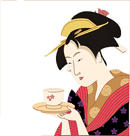 穿着和服的女子端着杯子