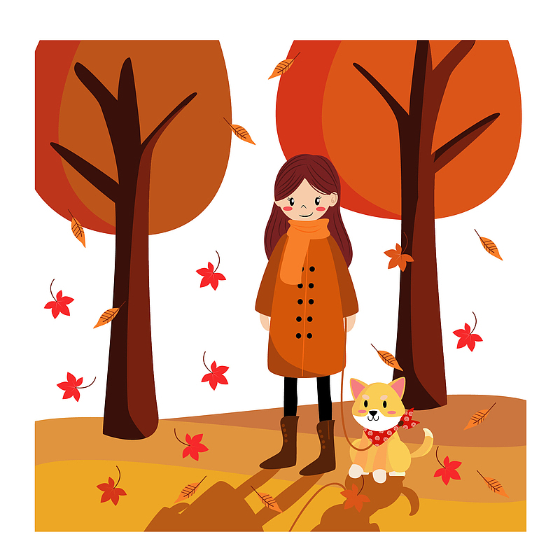 一个在秋天牵着狗的女孩