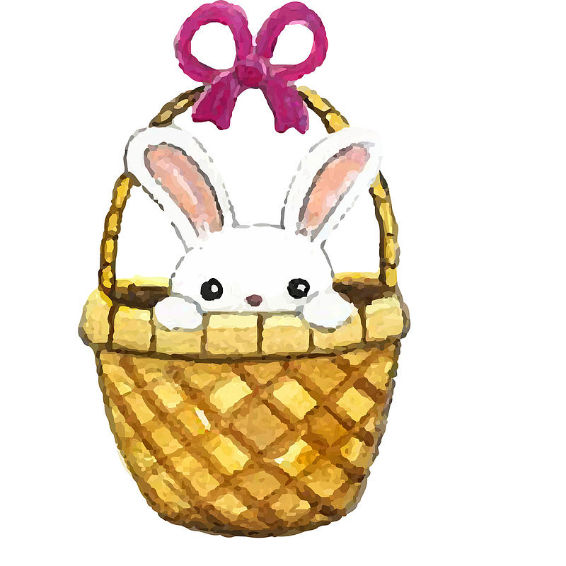 卡通手绘彩绘在篮子里的兔子