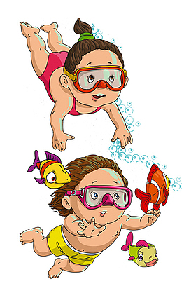 卡通手绘游泳的小朋友