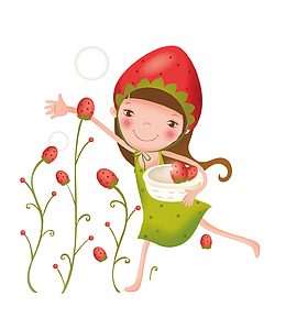 手绘采草莓的少女插画