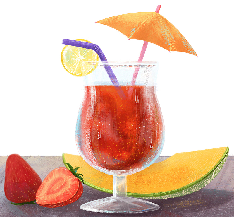 夏季手绘草莓汁饮品插画