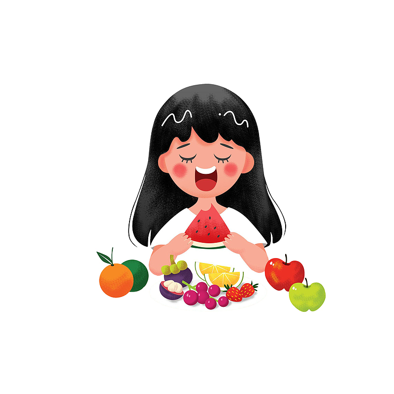 卡通吃水果的女孩素材