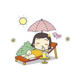 手绘喝果汁的女孩免抠图