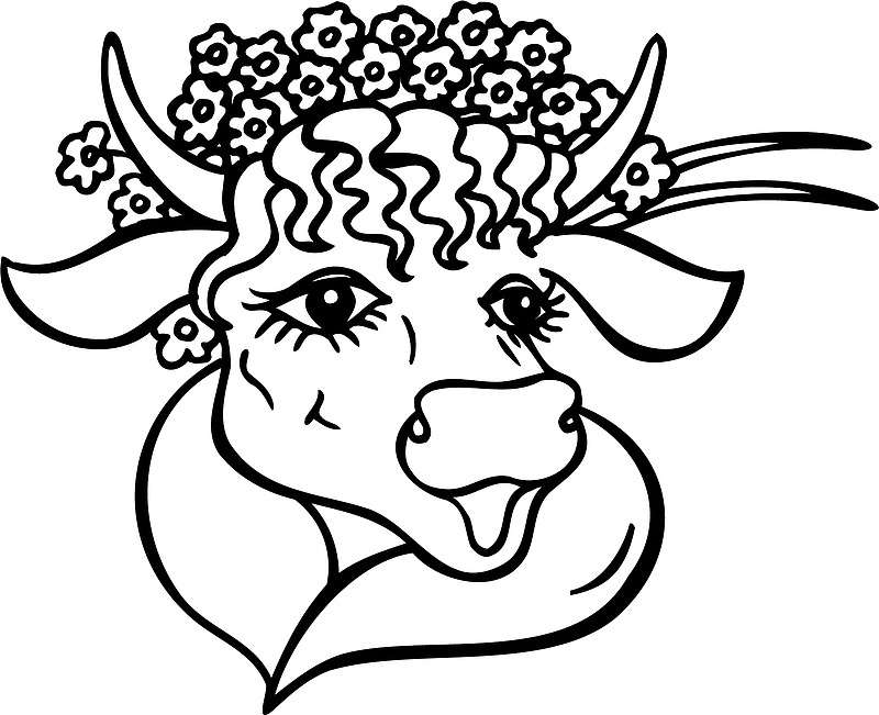 手绘 动物 牛 卡通 花团