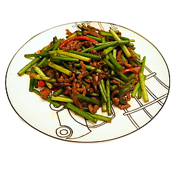 日系风摆盘的美食蒜台炒肉