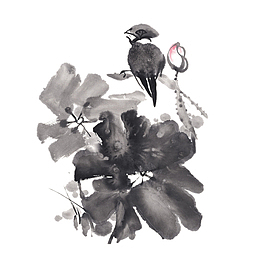 清明节水墨风荷花鸟山水画