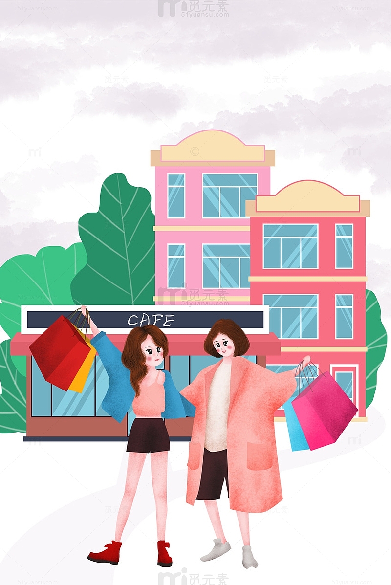 女孩购物商场插画