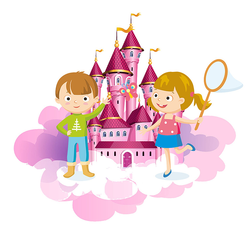 简约六一儿童节城堡人物插画