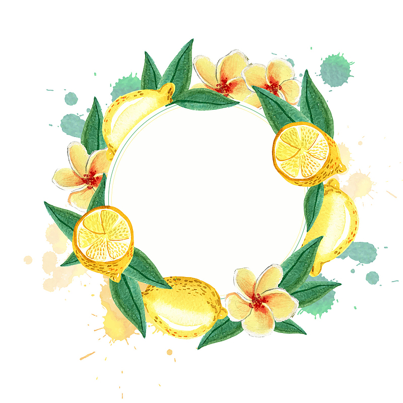 水彩绘夏季柠檬花环矢量图