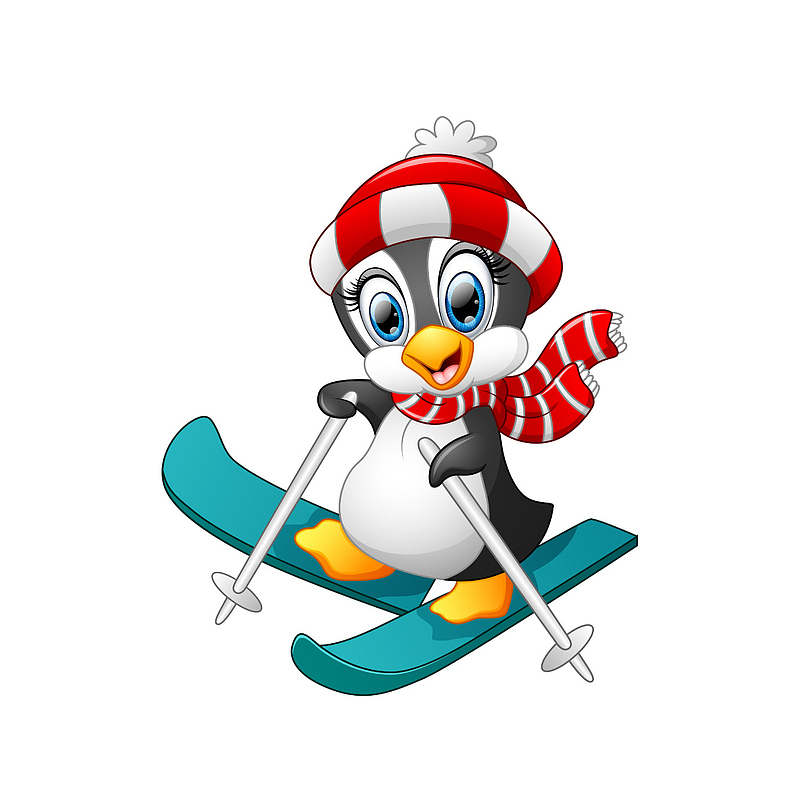 可爱企鹅冬季滑雪