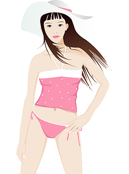 卡通手绘穿泳装带白色帽子女孩