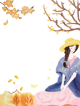 免抠手绘秋季树下站立的女孩
