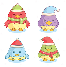 四只卡通可爱冬季小鸟