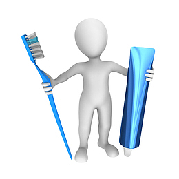 小白人拿着蓝色牙膏管和牙刷卡通