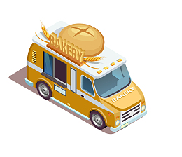 手绘卡通立体2.5D烘焙面包快餐车