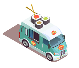 手绘卡通立体2.5D寿司快餐车