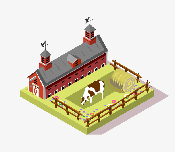 5d立体农场仓库红房子奶牛草卷栅栏免费下载,等距城市,插画,25d立体