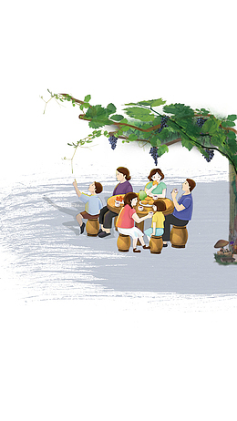 卡通手绘吃饭的家人