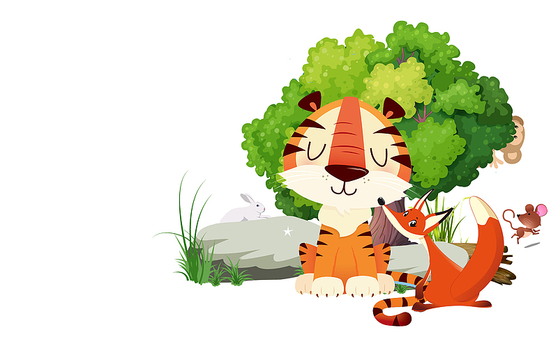 卡通图案老虎与树木