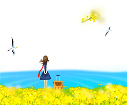 卡通清新唯美油菜花少女旅行插画