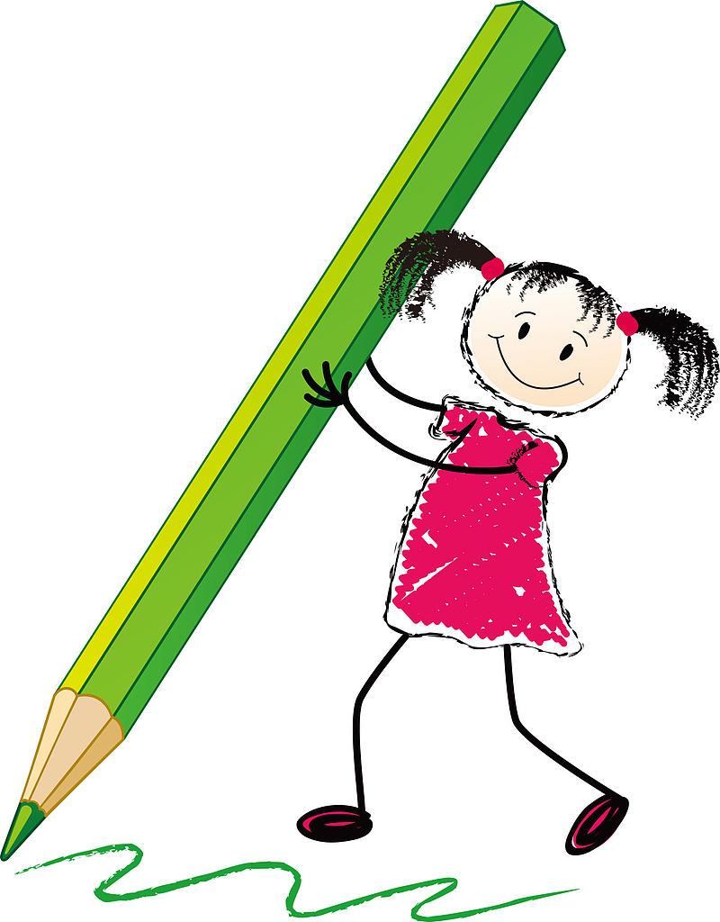 小女孩拿着铅笔简图